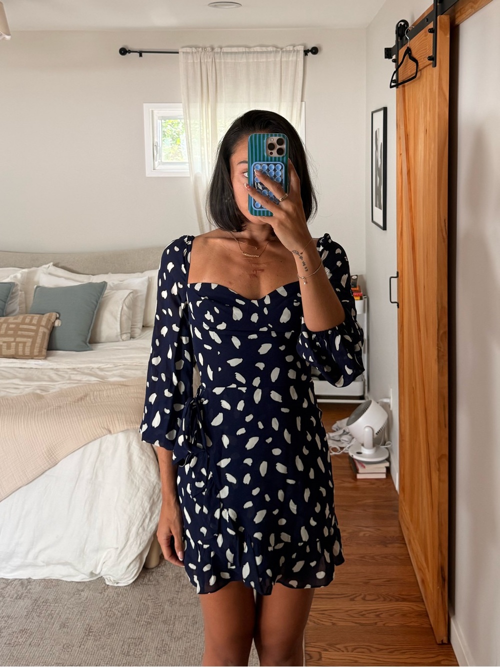 Reformation Navy Blue Leaf-Print Mini Dress
